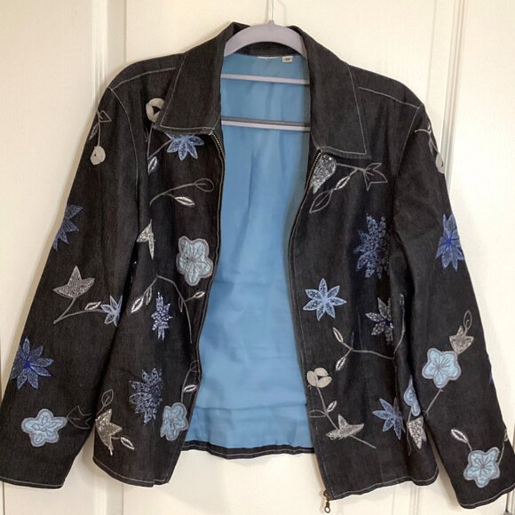 Women's Embroidered Beaded Black Jacket Front Zip Fully lined Western Cowgirl - Picture 2 of 7